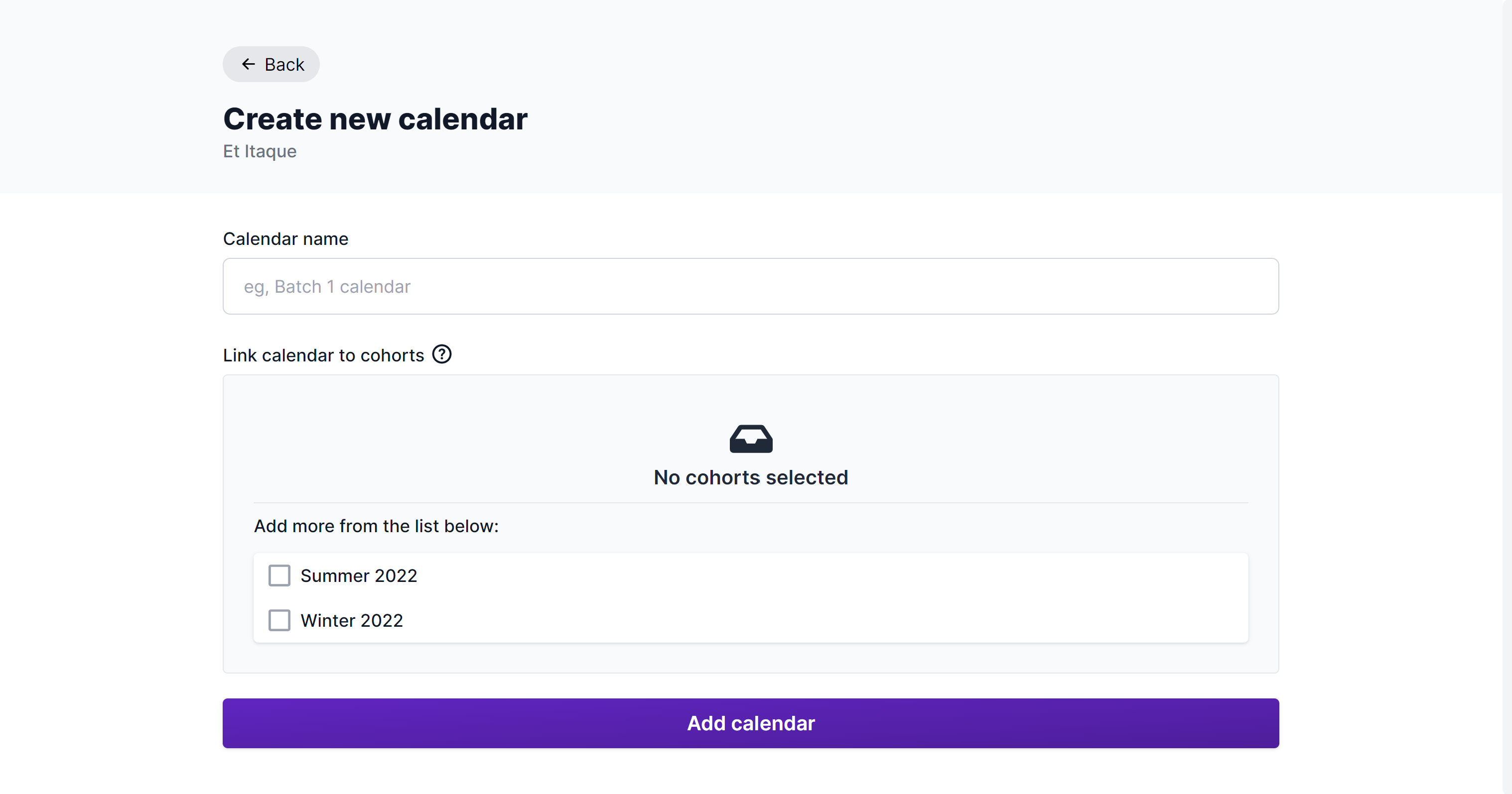 Screenshot of calendar creation form