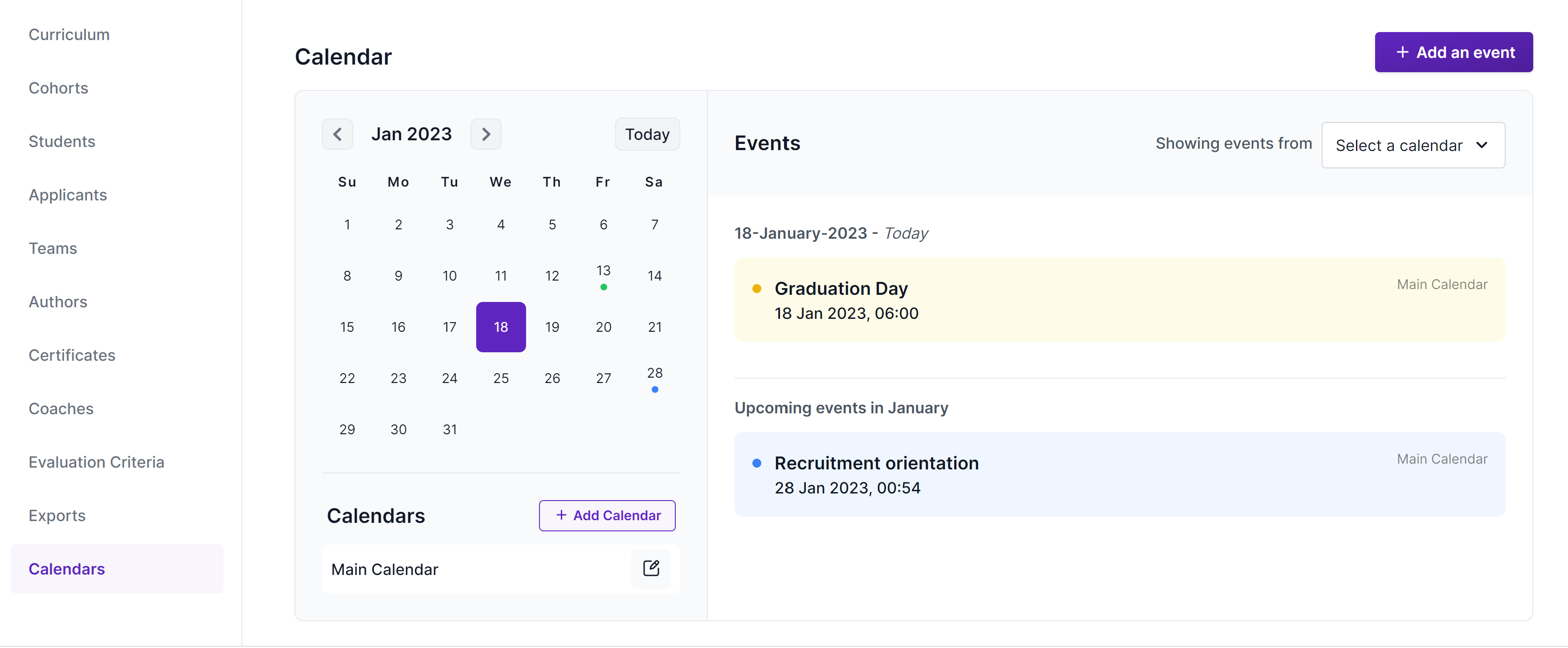 Screenshot of the calendar index