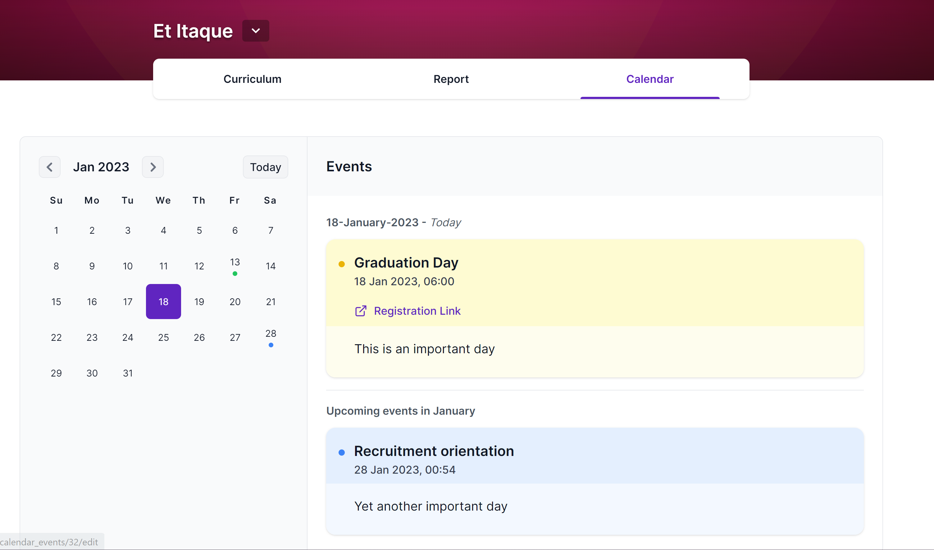 Screenshot of the calendar interface for students and coaches