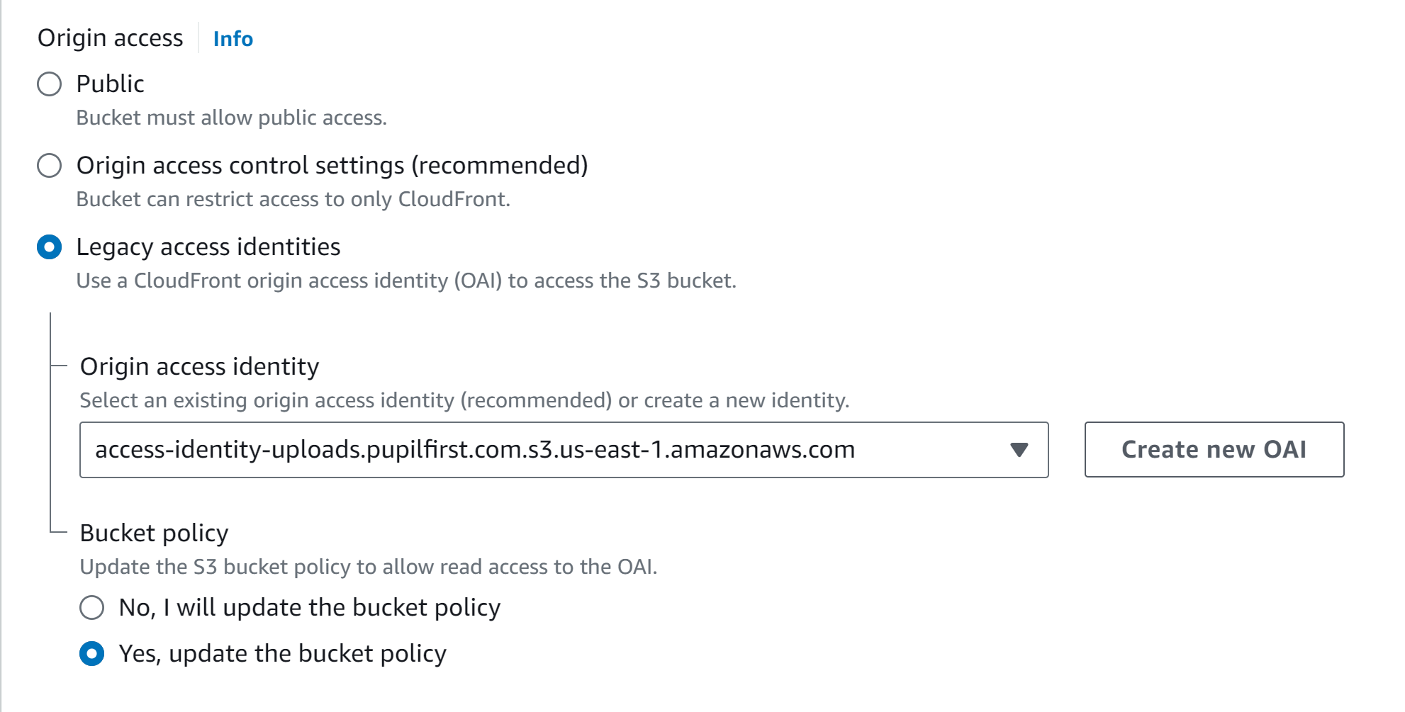 Screenshot of CloudFront origin settings