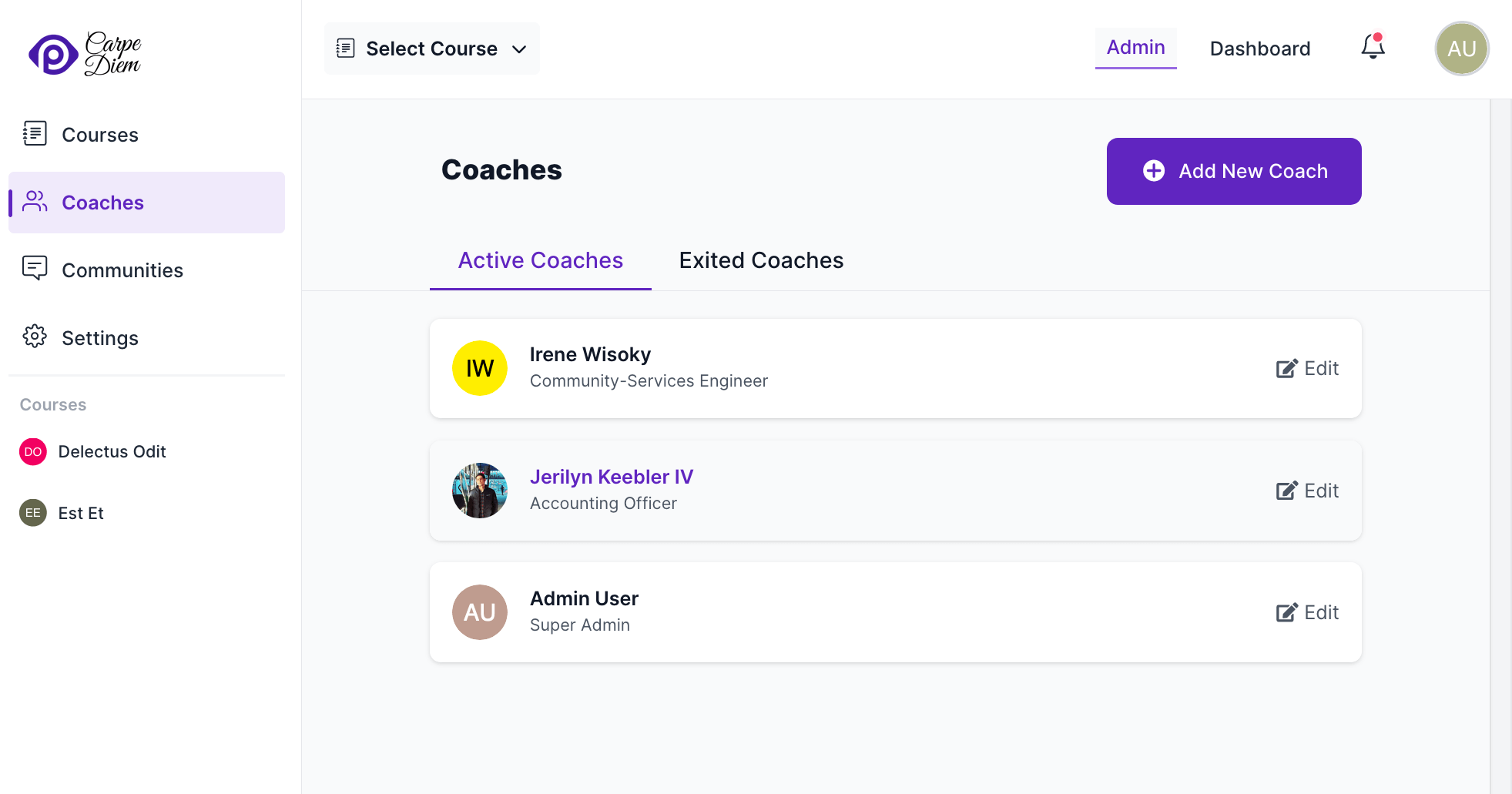 Coaches page in school administration interface