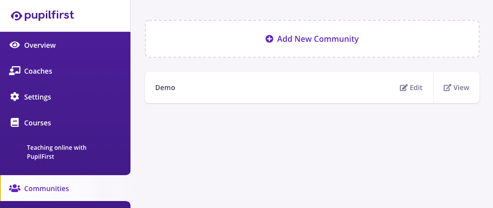 Communities page in school administration interface