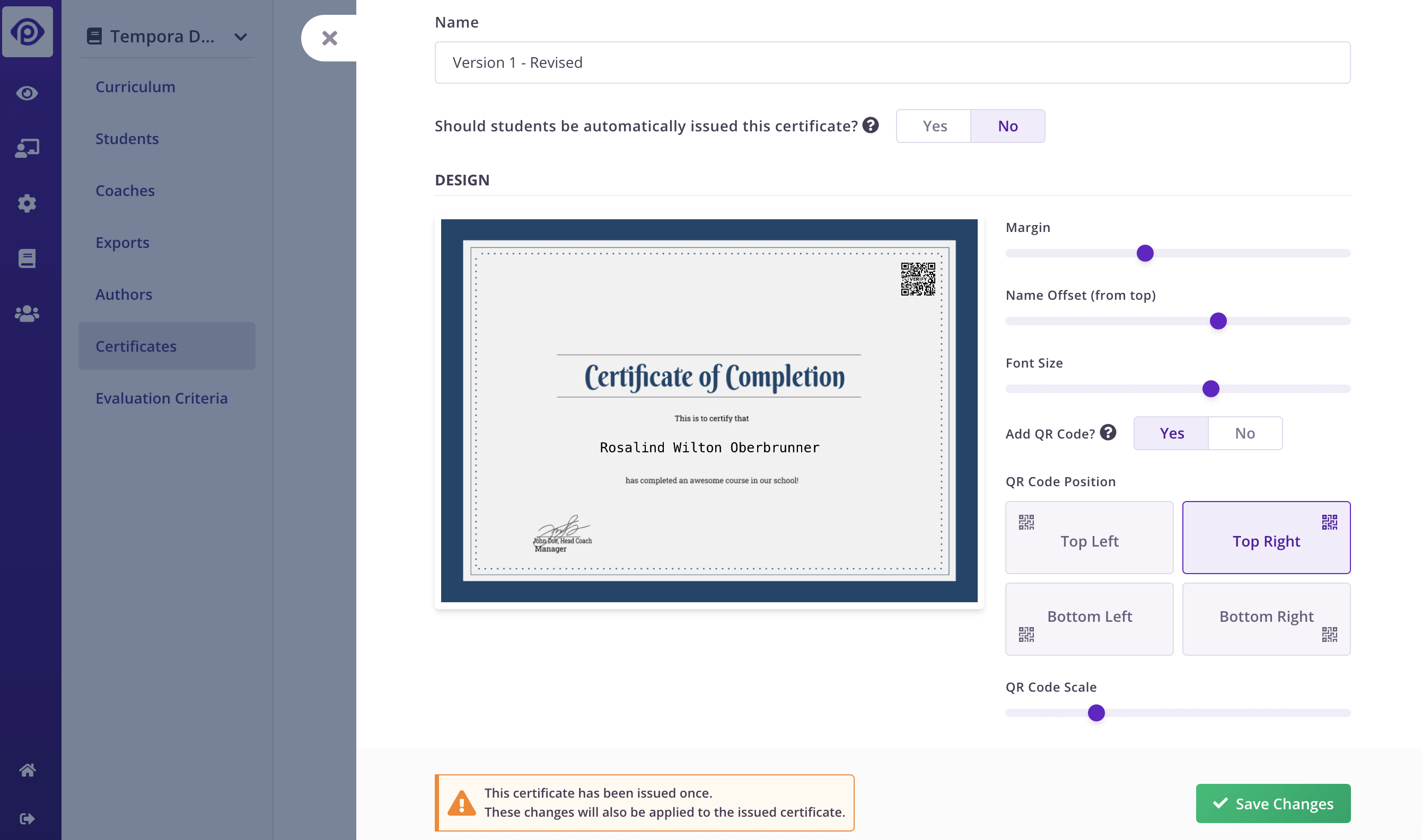 Screenshot of the certificate editor