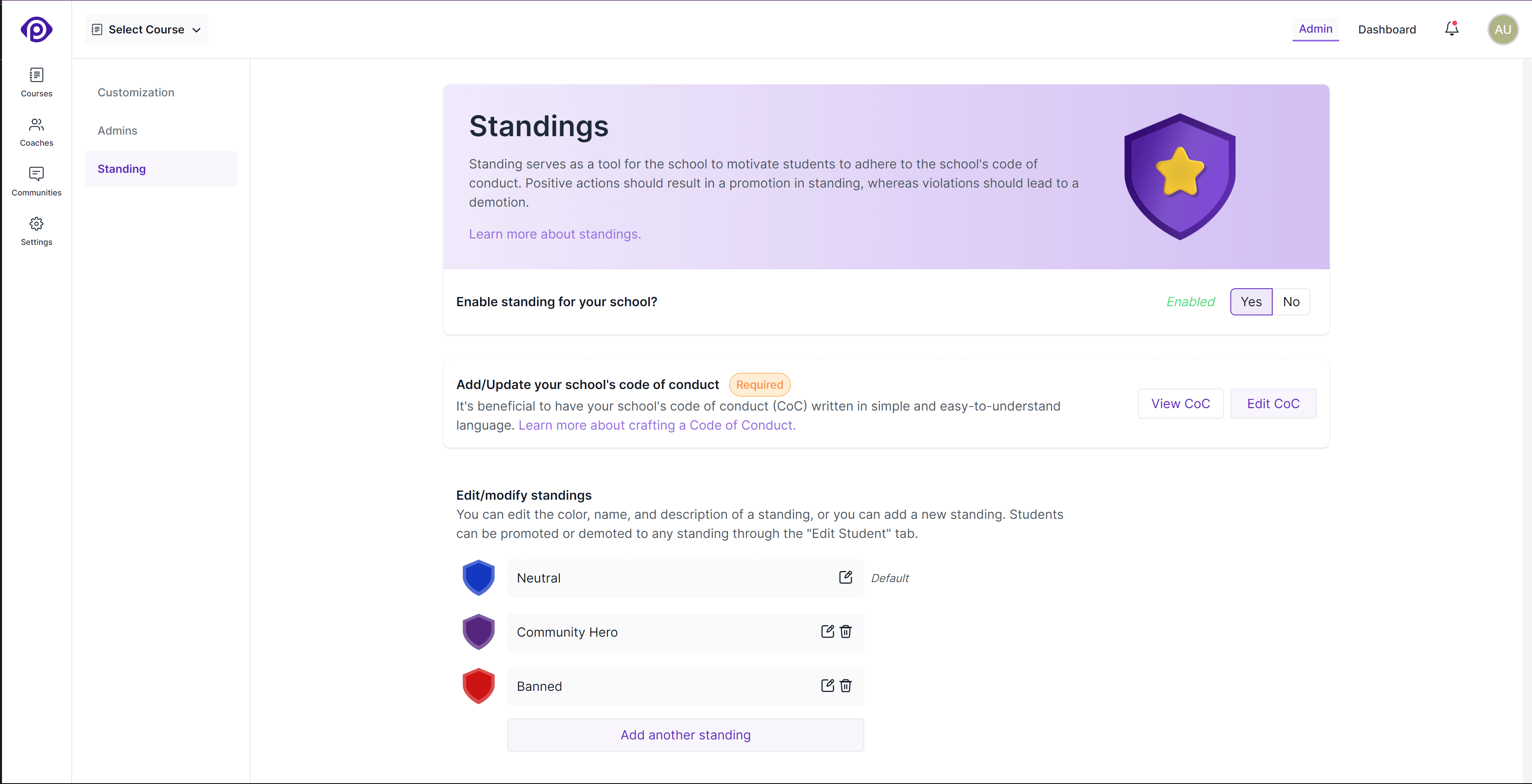 School Standing Page