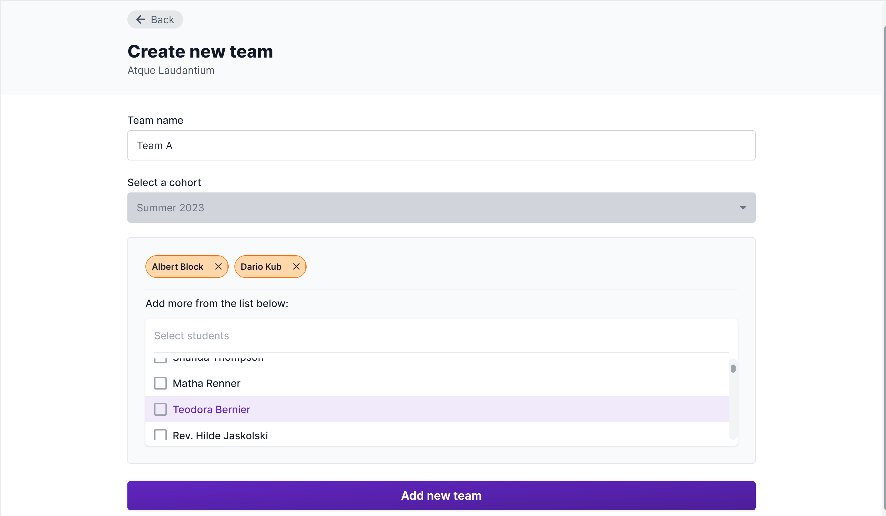 Teams creation page